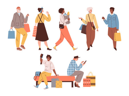 Happy people walking with shopping bags, cartoon smiling men and women carrying purchases from shopping mall vector setのイラスト素材