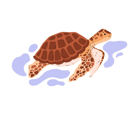 Sea turtle with brown shell, cartoon tortoise floats in water, vector wild marine reptile animal, exotic amphibian petのイラスト素材