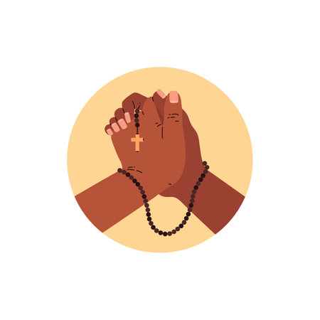 Folded prayer hands with beads and cross vector illustration, human praying arm gesture religion symbol icon round frameのイラスト素材