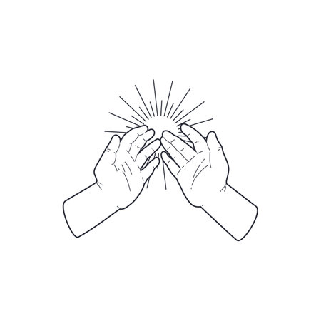 Folded prayer hands with sun vector black sketch symbol, prayer to God, Allah, Islamic dua Muslim religion sign gestureのイラスト素材