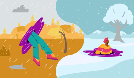 Man using teleport or portal to travel through seasons flat styleのイラスト素材