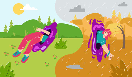 Vector journey: from sunny summer to rainy autumn, through a teleportation portal.のイラスト素材