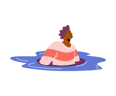 Person goes through portal or teleport, vector cartoon man in magic hole, divided upper body part, travel in dimensionのイラスト素材