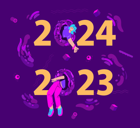 Person goes through teleport portal from 2023 to 2024 year, vector cartoon woman in magic hole, travel in time dimensionのイラスト素材