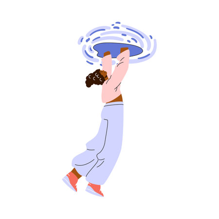 A woman enters a teleport loop in a vector illustration.のイラスト素材