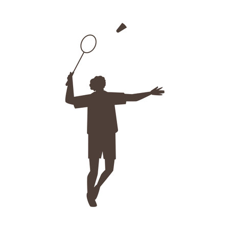 Professional badminton male player with racket in action vector silhouette, cartoon sport game competition isolatedのイラスト素材