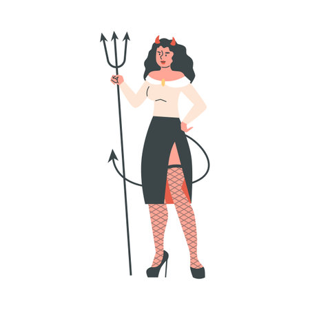 Devil woman with pitchfork, vector cartoon sexy aggressive witch with red horns and long tail, negative hell characterのイラスト素材