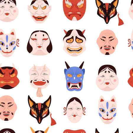 Vector seamless pattern of Japanese Kabuki mask: Okami, Noh theater, demons, Kitsune on a white backgroundのイラスト素材