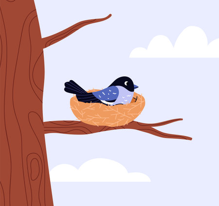 Vector illustration depicting a cute bird hatching eggs in a nest on a branch of a large treeのイラスト素材
