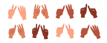 Set of counting hands fingers gesture signs on two hands, vector palms and fingers show numbers...