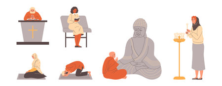 Set of vector illustration of diverse religious practices depicted through prayer, reading scripture, lighting candles.のイラスト素材
