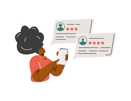 Woman giving stars feedback and choosing satisfaction rating on smartphone app, vector customer review rating feedbackのイラスト素材