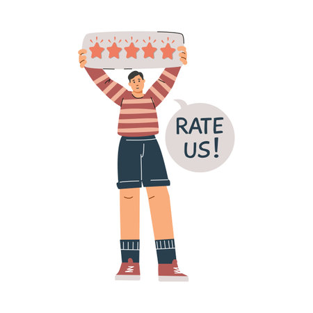 Rate us five stars positive feedback, customer ask review best rating, vector man standing and holding speech bubbleのイラスト素材