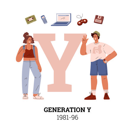 People Generation Y 1981-96 or Millennial social development vector information typographic poster, teenagers and symbolのイラスト素材