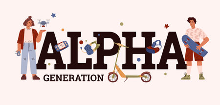 People Generation ALPHA 2010-2020 social development vector typographic banner, cartoon teenagers with game accessoriesのイラスト素材