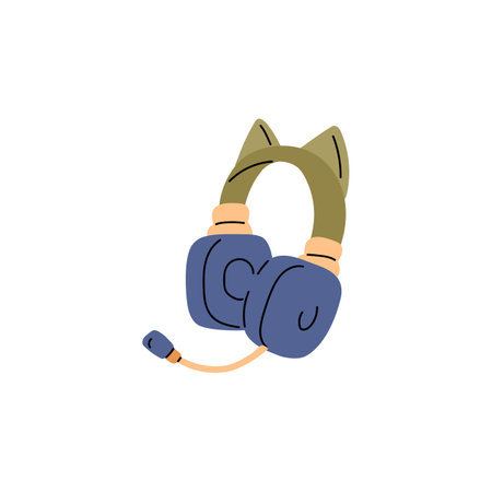 Childish headphone with microphone decorated with ears flat icon, portable wireless stereo headset, musical equipmentのイラスト素材