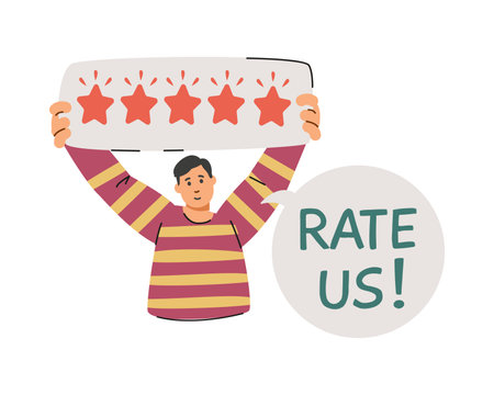 Vector of a man with a 5-star review placard and the inscription "Rate us!".のイラスト素材