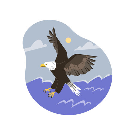 Vector illustration: a bald eagle flies over the water, hunting for fish against a beautiful sky with cloudsのイラスト素材