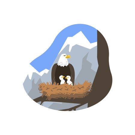 Large wild eagle sitting in nest with chicks flat style, vector illustrationのイラスト素材