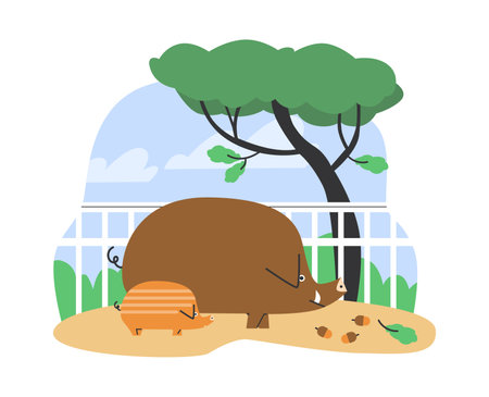 Wild boar with baby under the oak tree, cartoon wild life animals behind the fence in zoo park or reserve flat vectorのイラスト素材