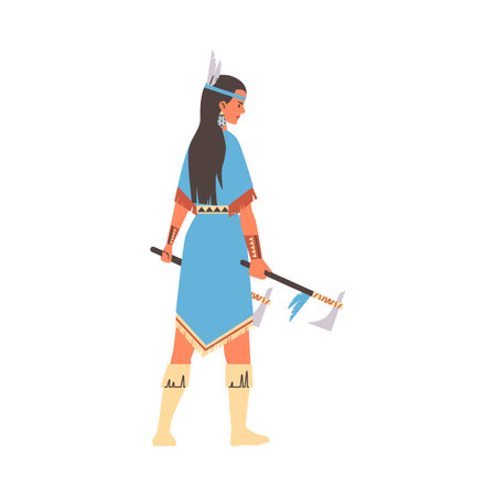 Native American Indian warrior woman with axes, vector tribal soldier in traditional ethnic clothes and feather headwearのイラスト素材