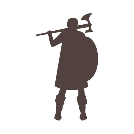 Medieval warrior woman with axe and shield, armed girl Viking soldier female Scandinavian knight vector black silhouetteのイラスト素材
