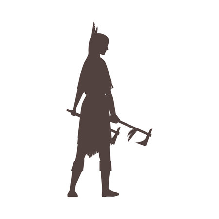 VectorIndian warrior woman with two axes and a feather in her hair is presented as a black silhouetteのイラスト素材