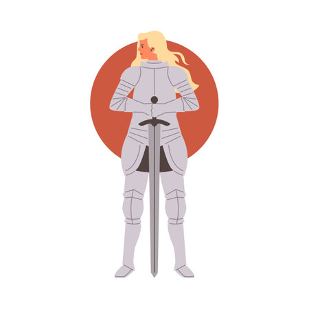 Beautiful blond woman dressed suit of armor, medieval knight, vector cartoon ancient warrior woman with sword red circleのイラスト素材