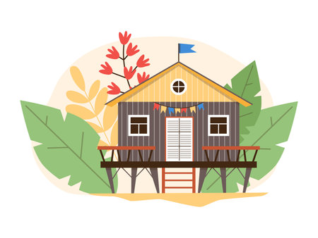 Beach wooden house, vector dwelling hut, bungalow exterior on the sand, coast raised building with stairs and flagsのイラスト素材