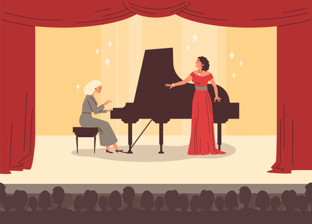Beautiful woman singer in long red dress and musician pianist at piano on scene vector flat illustration, premiereのイラスト素材