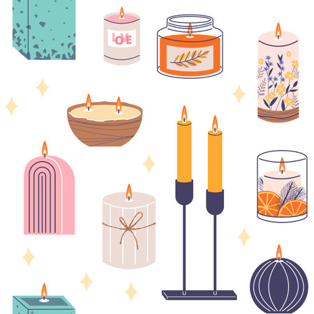Seamless pattern with decorative burning aromatic candles various shapes and colors flat vector, relaxation aromatherapyのイラスト素材