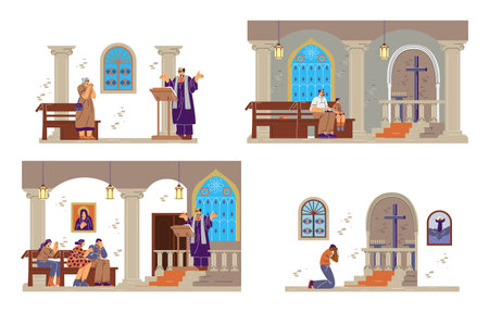 Praying people in church vector set, Christian Orthodox religious persons pray to God, Priest makes a liturgy speechのイラスト素材