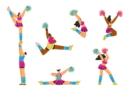 Cheerleaders cheering and motivate the crowd, flat vector illustrations isolated.のイラスト素材