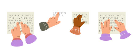 Diverse hands reading braille vector setのイラスト素材