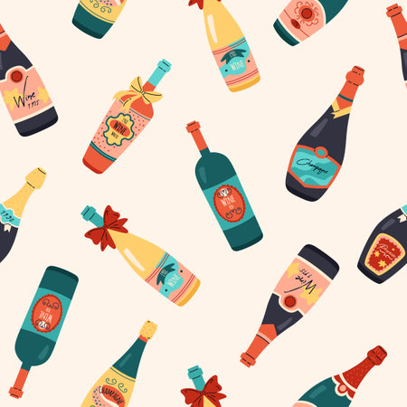 Seamless pattern with bottles of white red sparkling wine, champagne and prosecco, alcoholic beverage vector collectionのイラスト素材