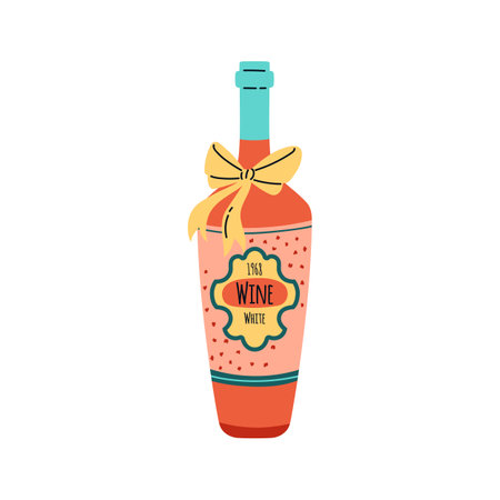 Adorable vector wine bottle with bow and annual label.のイラスト素材