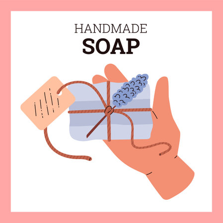 Handmade natural lavender soap in hand vector flat poster design, herbal soap brick decorated with branch of lavenderのイラスト素材