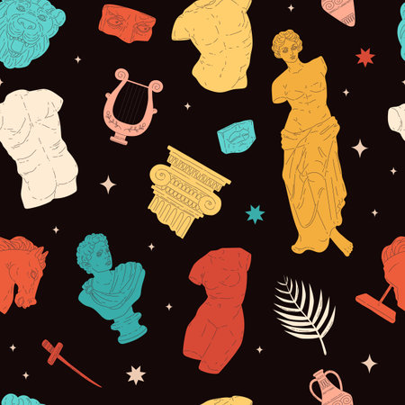Ancient Greek cultural symbols art exhibition on vector seamless pattern, antique sculpture body, stone columns statueのイラスト素材