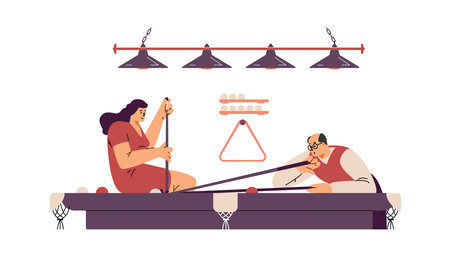 Billiards game competition vector flat illustration, man and woman players near the pool table with...