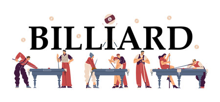 Illustration of a poster with billiard players in cartoon style.のイラスト素材