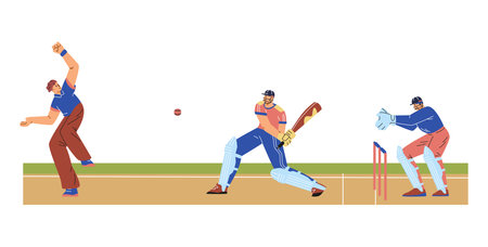 Cricket championship sport game on the field vector illustration, cartoon cricket players in uniform...
