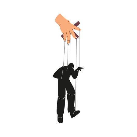 Vector illustration a puppet guy on strings, controlled by a hand, a symbol of manipulationのイラスト素材
