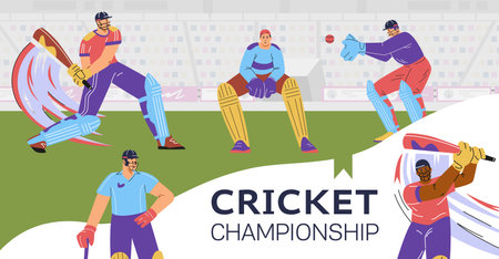 Vector illustrations of the cricket championship: stadium, players in uniform with bat, ball, helmetのイラスト素材