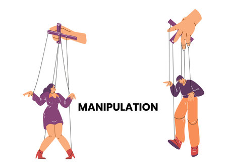 Obedient puppet woman and man controlled by hand, cartoon people marionettes tied with ropes, manipulation vector posterのイラスト素材