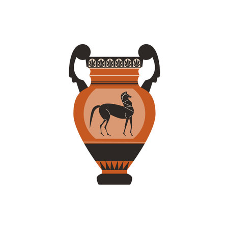 Ancient Greece amphora with patterns, horse image flat vector, antique pottery clay jug or vase with decorative handlesのイラスト素材