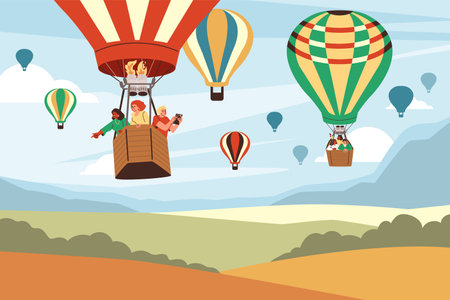 Friends balloon flight over scenic mountains and fields, vector flat style illustration summer travelのイラスト素材
