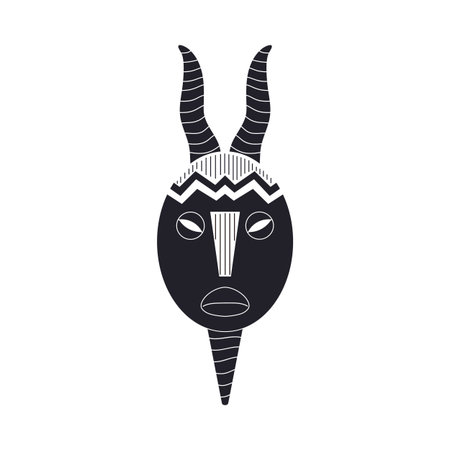 Tribal mask with horns black line art vector icon, African carved wooden mask with ornament, outline face ethnic totemのイラスト素材