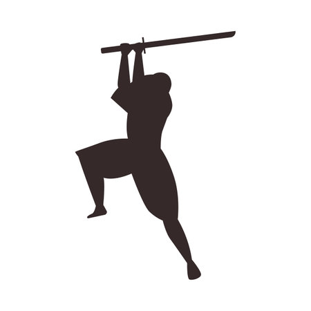 Vector graphics with a black silhouette of a ninja character swinging a katana to strikeのイラスト素材