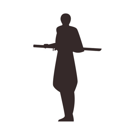 Ninja man warrior with sword standing black silhouette vector, Japanese fighter, ninjutsu martial art training practiceのイラスト素材