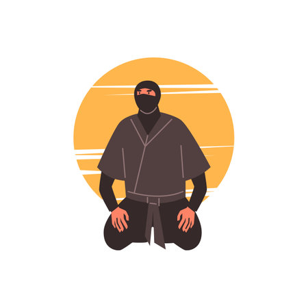 Ninja man warrior sitting on his knees on orange sunset vector, Japanese fighter, ninjutsu martial art training practiceのイラスト素材